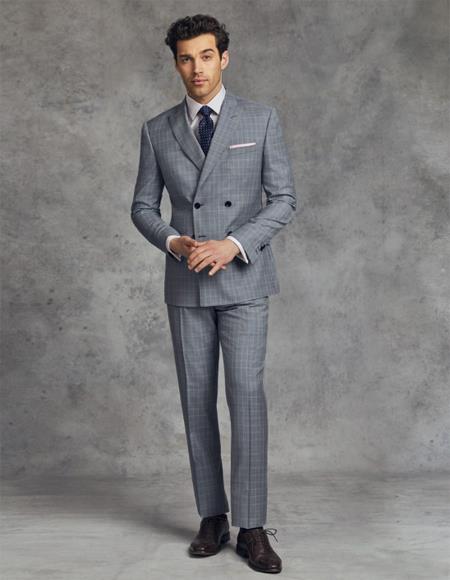 Double Breasted Suits Slim Fit Wool Suit 4 Buttons - Grey And Blue ...