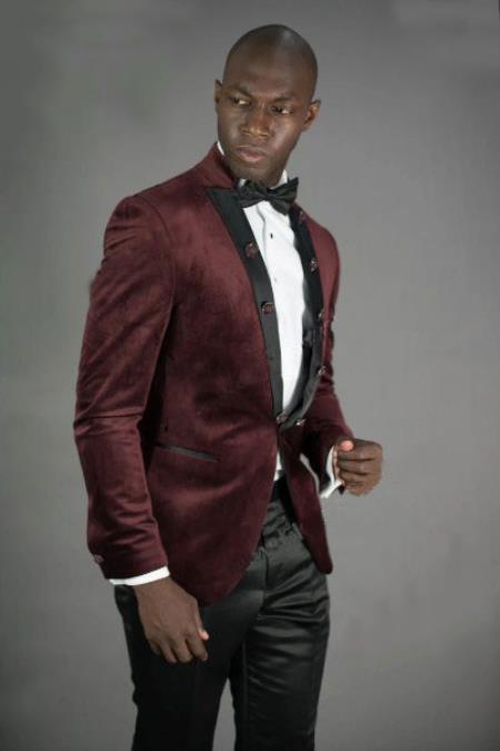 Style#-B6362 Men's Peak Lapel Slim Fit Burgundy Velvet Jacke