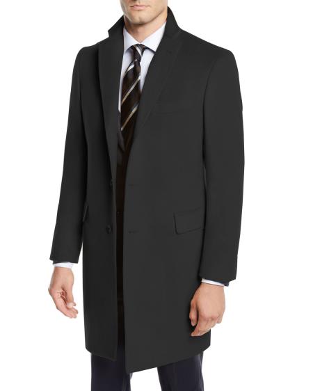 Men's Black Three Real Horn Button Front Wool Car Coat