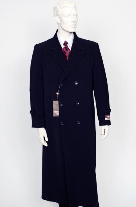 Men's Navy Peak Lapel  Full Length Coat Duster Maxi Coat