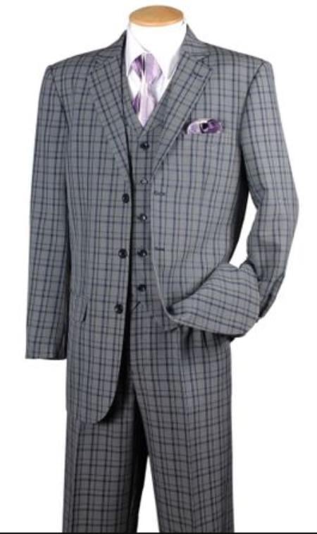 Fortino Men's Navy Plaid 1920s Style 3 Piece Fashion Checkered Suit ...