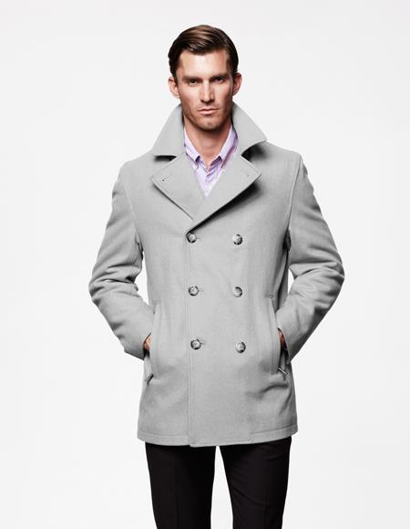 Men's Light Grey Six Button Wool Fabric Big and Tall Men's Peacoat
