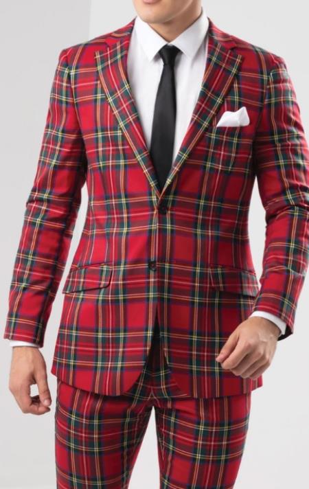 Mens Red Tartan - Plaid Slim Fit Checkered