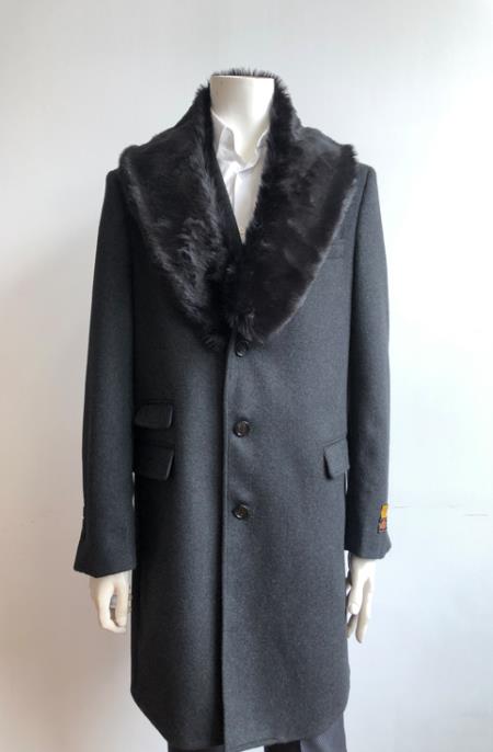 Men's Charcoal Two Flap Front Pockets Full Length Overcoat