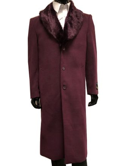 SKU#JA3487 Men's Wool and Overcoat With Fur Collar Full Len