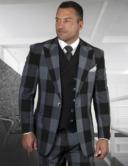 Mens Black Plaid Windowpane Vested 3 Piece Suit