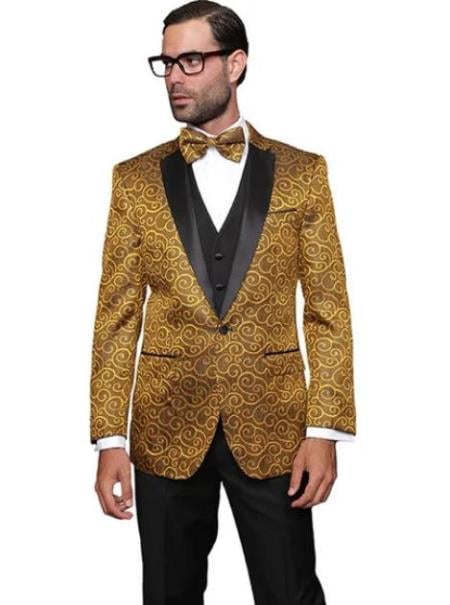 Men's Gold Paisley One Chest Pocket Floral Suit