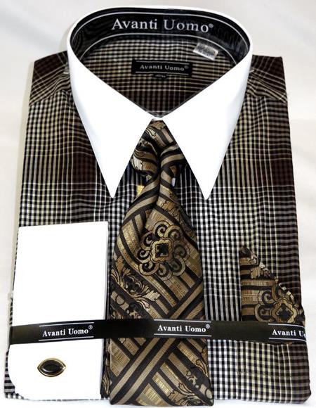 Brown Houndsiooth Colorful Men's Dress Shirt