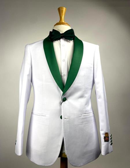 white tux with emerald green