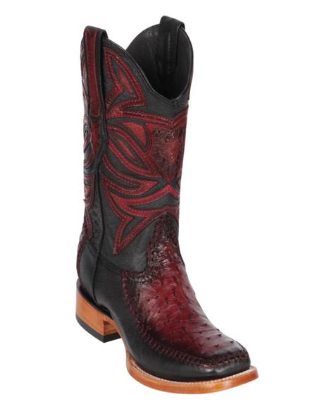 Los Altos Boots Ostrich and Deer Wide Square Toe Faded Burgundy