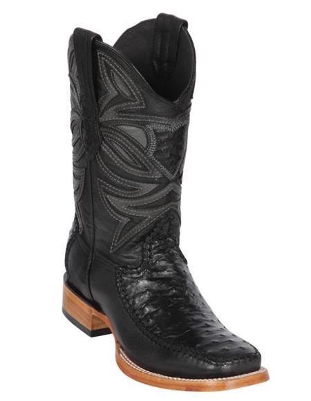 Los Altos Boots Ostrich and Deer Wide Square Toe Black