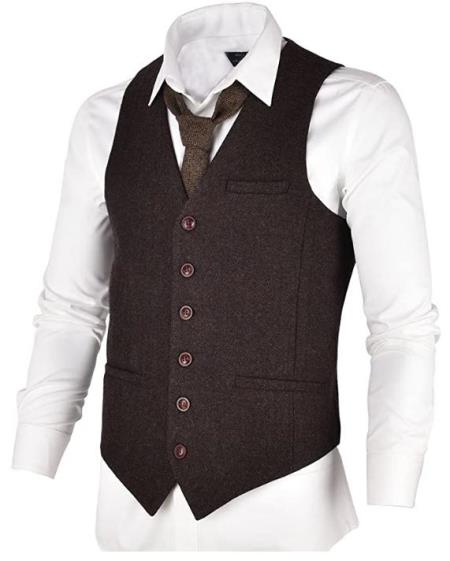 Men's Slim Fit Herringbone Tweed Suit Coffee 1920s Vest