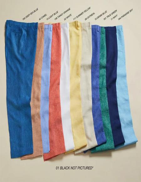 Linen Fabric Flat Front Pants Pastel Colorful Colors Deep Sea Blue