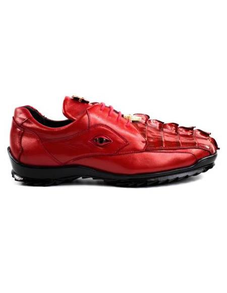 Men's Leather Lining Genuine Caiman Crocodilus and Soft Calf Red