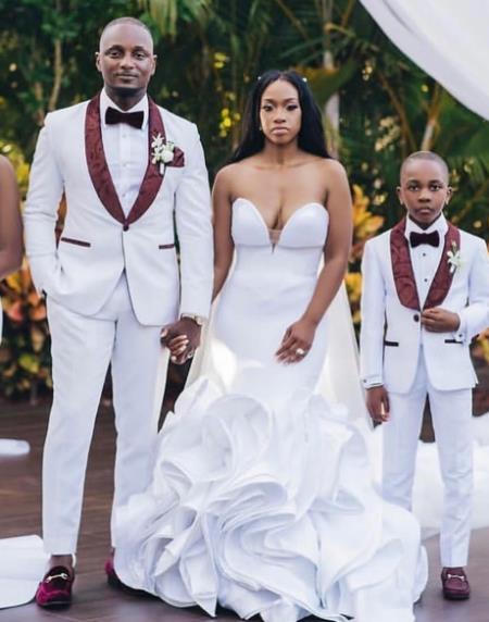 white tux with burgundy vest