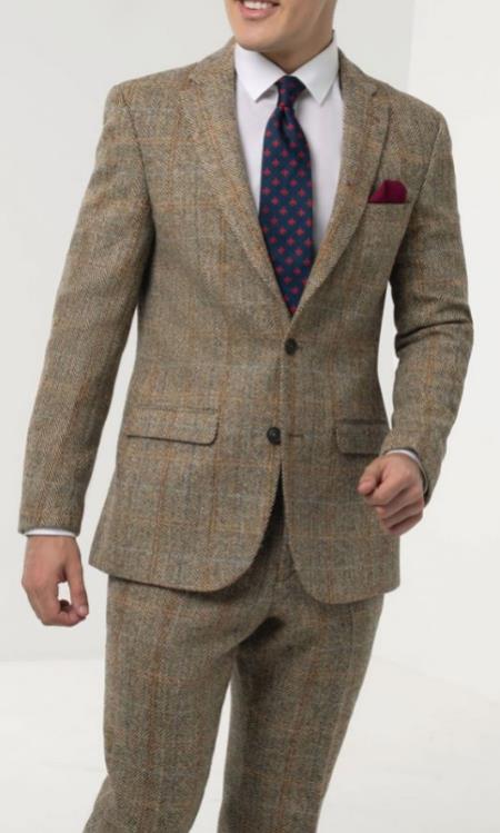 Mens Brown Windowpane Check Tweed Suit