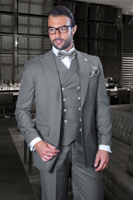 Side Vents Single Breasted Peak Lapel Light-Grey Suit