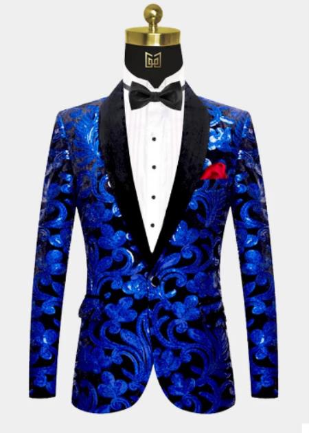 Men One Button Royal Blue and Black Velvet Tuxedo Jacket wit