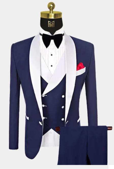 Men One Button Navy Blue and White Tuxedo – 3 Piece