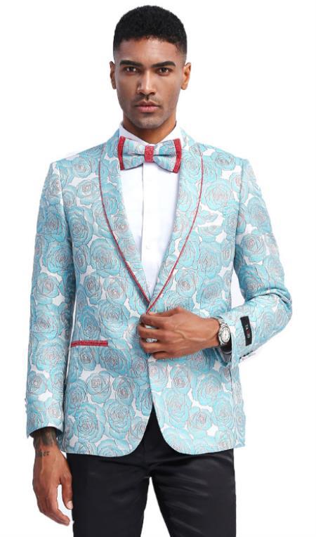 Polyester Single Breasted One-Button Blue Floral Tuxedo