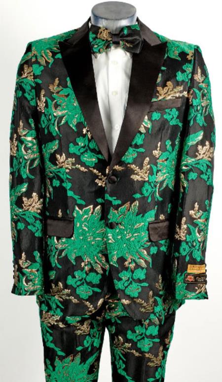 Mens Hunter Green ~ Black 2 Button Floral Paisley Tuxedo