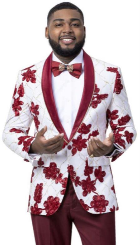 White and Burgundy Tuxedo Suit With Burgundy Pants