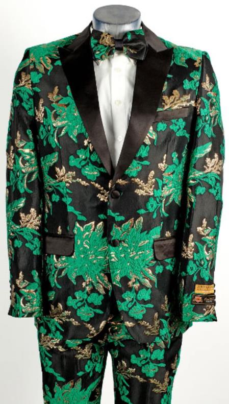 Mens Hunter Green and Black 2 Button Floral Paisley Tuxedo Tuxedo