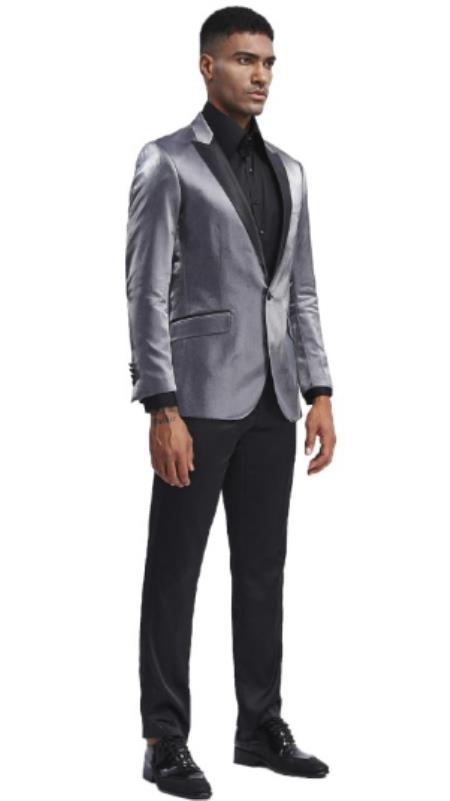 Single Breasted One-Button Metallic Silver Blazer With Tie