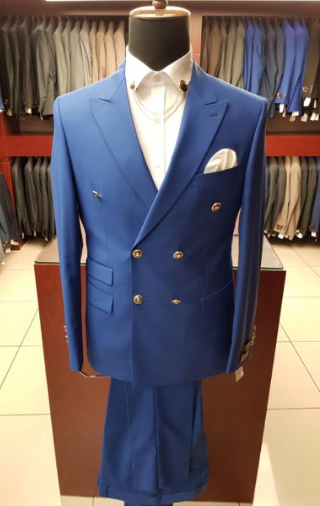 Slim-Fitted Double Breasted One-Chest Pocket Blue Dress Suit
