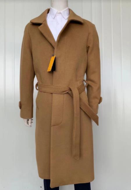 Mens Full Length and Cashmere Overcoat - Winter Topcoats - Vicuna Light Brown - Dark Camel