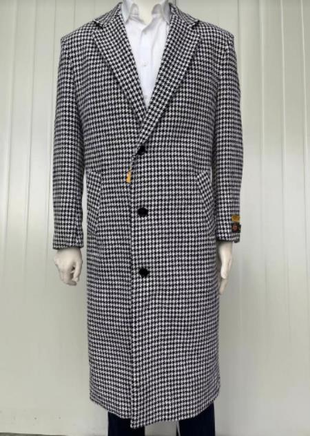 Mens Full Length and Cashmere Overcoat - Winter Topcoats - Black and White Coat