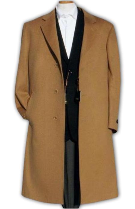 Three-Button Full-Length Beige Mens Overcoat