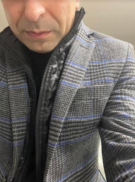 Mens Charcoal Grey and Blue Plaid Blazer - Charcoal Houndstooth Checkered Sport Coat