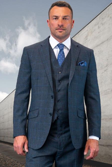 Plaid Suit - 3 Piece Vested Suits - 2 Buttons Windowpane Suit - Heather Charcoal Suit