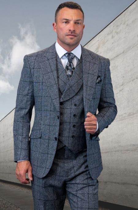 Plaid Suits - Windowpane Suits - Statement Suits - 100% Suit - Charcoal