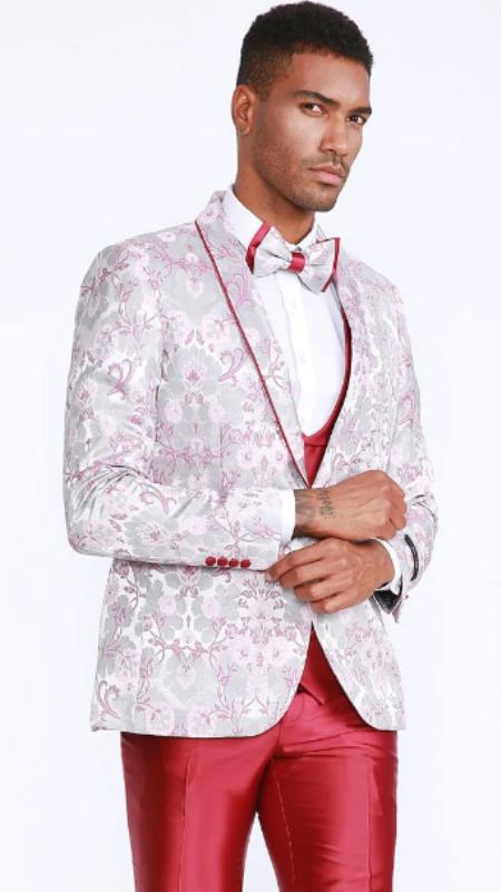 Mans Pink and Raspberry Tuxedo With Floral Pattern Four Piece Set