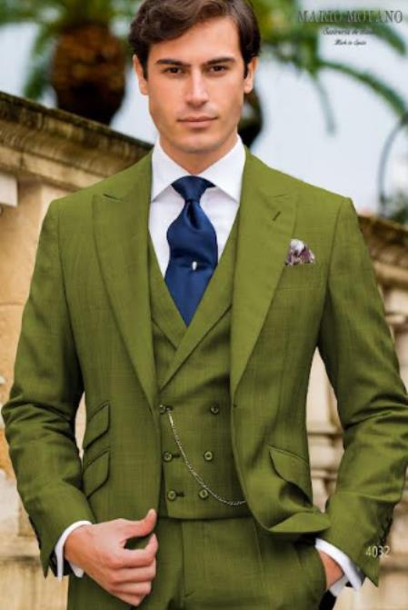 Mens One Button Peak Lapel Suit Olive Green