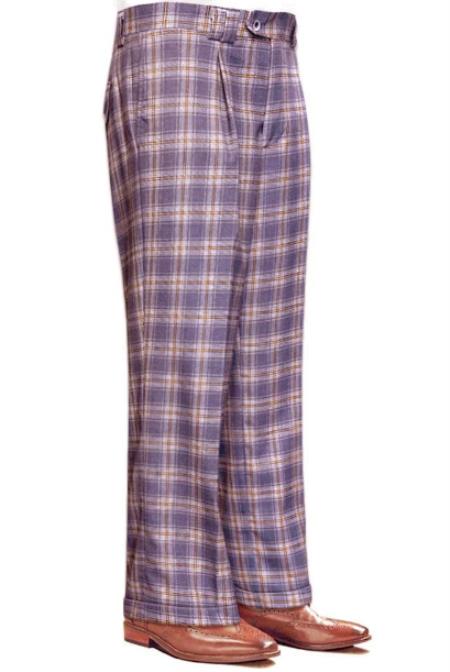 Mens Pant - Wide Leg Plaid Slacks - Lavender - 100% Percent Wool Fabric