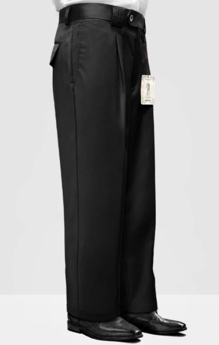 Mens Pant - Pleated Wide Leg - Black - 100% Percent Wool Fabric