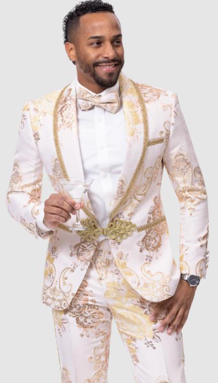 Shawl Lapel Single Breasted Ivory and Gold Floral Men's Suit