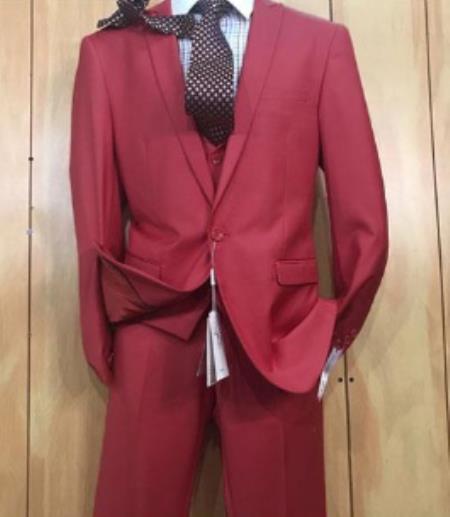 Mens Slim Fit Vested Suit - Slim Fit 3 Pieces Burgundy Suit