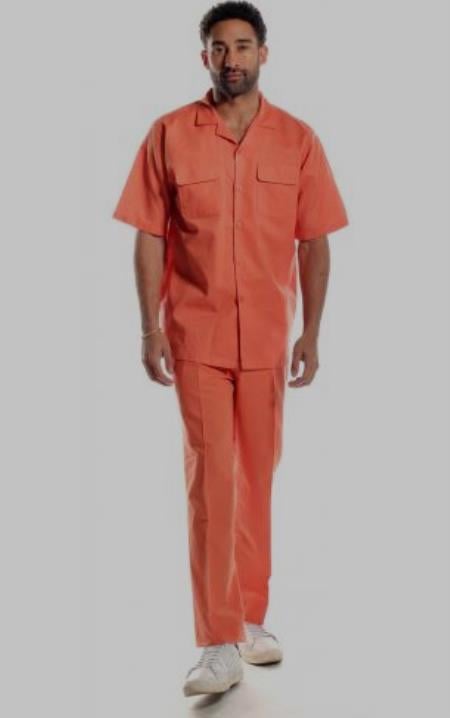 Mens Linen Walking Suit - Solid Coral Summer Outfit - Mens Linen Suit