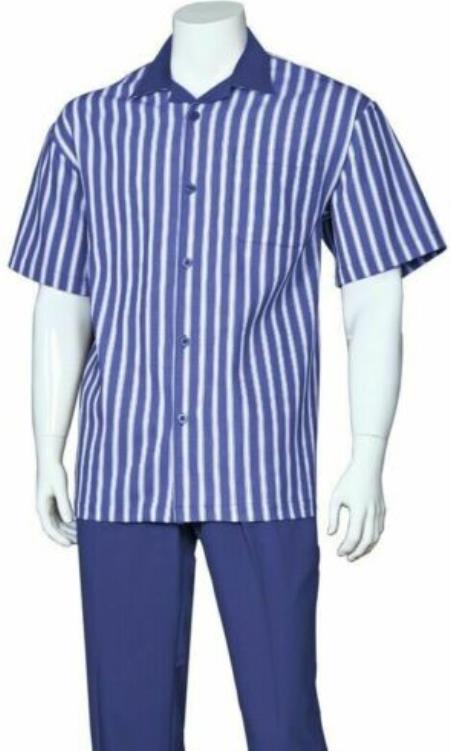 Mens 2pc Walking Suit Short Sleeve Casual Shirt and Pants Set R Blue