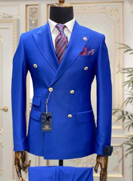 #JA57844 Mens Royal Blue Double Breasted Suit - 100% Suit