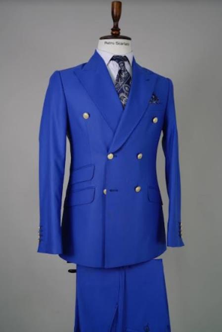 #JA57845 Mens Royal Blue Double Breasted Suit - 100% Suit