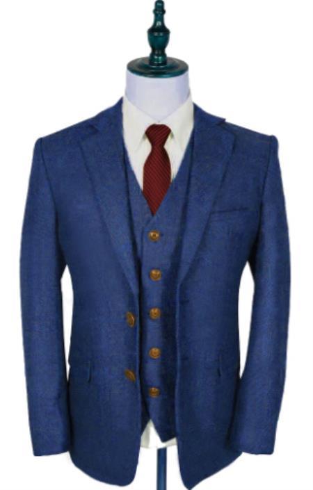 Mens Winter Suit - Suit For Cold Weather - Winter Color Tweed Herringbone Blue Suit