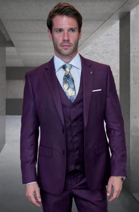 Statement Mens 3 Piece Suit - Tone on Tone Plaid Plum - 100% Percent Wool Fabric Suit - Worsted Wool Business Suit