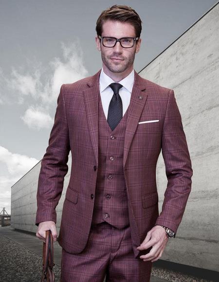 Statement Suits - Plaid Suits - Business Suits Italian Vested Suits Maroon - 100% Percent Wool Fabric Suit - Worsted Wool Business Suit