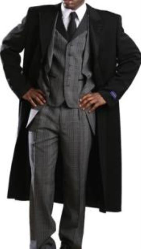 Mens Three Button Coat Classic Full Length Fashion Top Coat Black