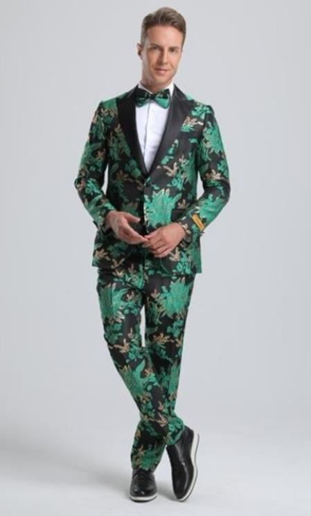 SKU#JA61582 Emerald Green and Gold Tuxedo Suit